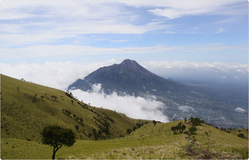 Pemandangan Gunung Merapi dan Merbabu dari lereng hijau